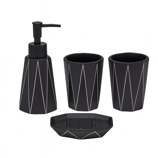 4-Piece Black Geometric Bathroom Accessory Set – Modern Ceramic Soap Dispenser, Toothbrush Holder, Tumbler & Soap Dish