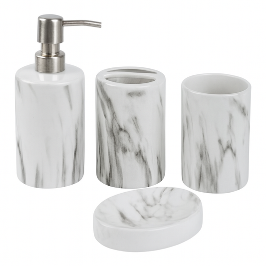 4-Piece White Marble Bathroom Accessory Set – Elegant Ceramic Soap Dispenser, Toothbrush Holder, Tumbler & Soap Dish
