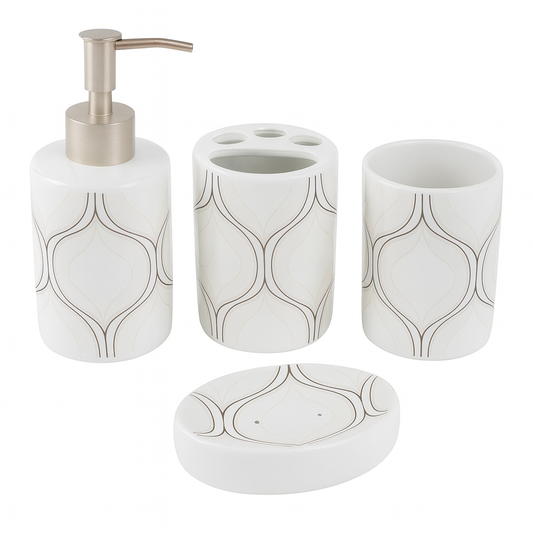 4-Piece White Ceramic Bathroom Accessory Set – Elegant Patterned Soap Dispenser, Toothbrush Holder, Tumbler & Soap Dish