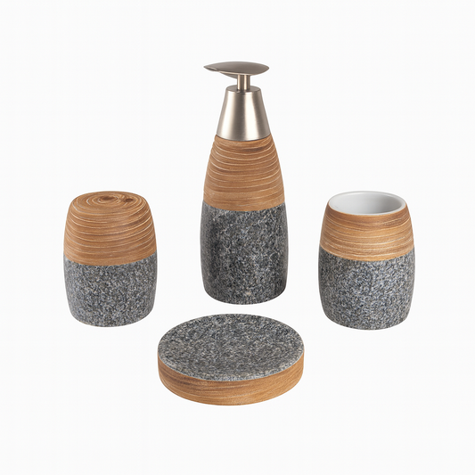 4-Piece Natural Stone & Wood Look Bathroom Accessory Set – Modern Soap Dispenser, Toothbrush Holder, Tumbler & Soap Dish