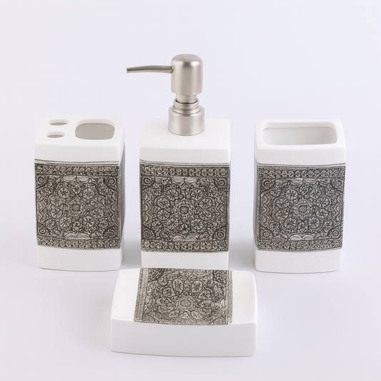 4-Piece White & Brown Ceramic Bathroom Accessory Set – Modern Textured Soap Dispenser, Toothbrush Holder, Tumbler & Soap Dish