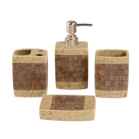 4-Piece White & Brown Ceramic Bathroom Accessory Set – Modern Textured Soap Dispenser, Toothbrush Holder, Tumbler & Soap Dish