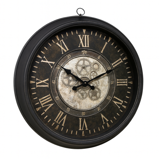 Rustic Steampunk Wall Clock – 14.5-Inch Vintage Gear Design Clock with Roman Numerals & Antique Plastic Frame