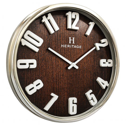 Heritage “Albino” Wall Clock – 20-Inch Modern Brown Wood-Style Decorative Clock with Silver Plastic Frame