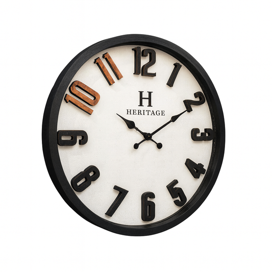 Heritage “Albino” Wall Clock – 20-Inch Rustic Decorative Clock with Black Plastic Frame & Raised 3D Numbers
