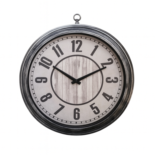 Vintage Gray Metal & Wood Wall Clock – “Big Time” 24-Inch Industrial Farmhouse Decorative Clock