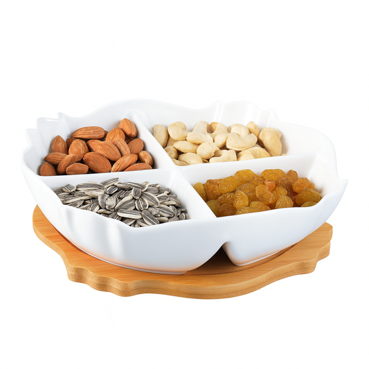 Dish with Bamboo Base – White Ceramic 4-Section Platter