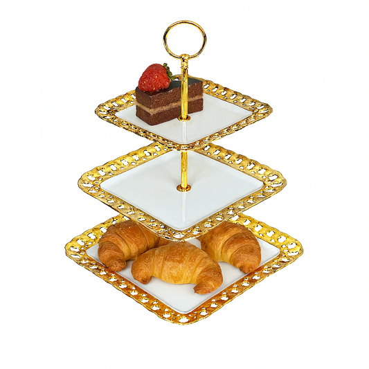 3-Tier Ceramic Cake Stand – White with Gold Detailing