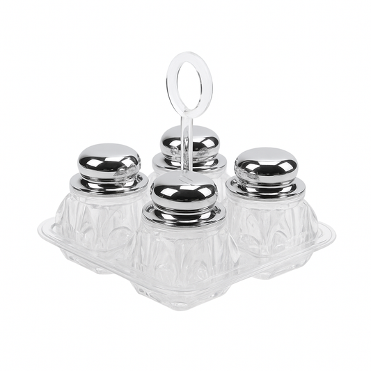 Salt & Pepper Cruet Set – 4 Pcs Acrylic with Rose Gold, Gold & Silver Lids