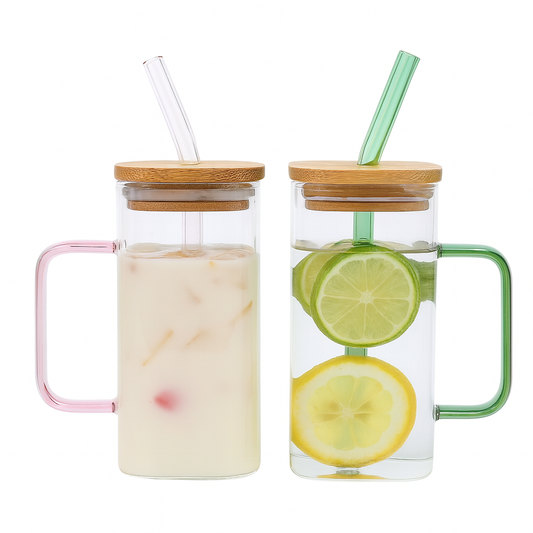 1Pc Glass Tumbler with Straw & Bamboo Lid (Assorted)– Reusable Iced Drink Cup for Juice, Coffee & Smoothies