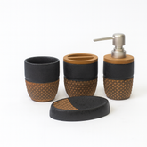4 Pcs Bathroom Set – Soap Dispenser, Toothbrush Holder, Tumbler & Soap Dish – Ceramic Textured Design – 2 Colours Black and White - Habitt