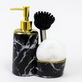 3 Pcs Attached Soap Dispenser with Scrubber & Brush Holder – Marble Design – Ceramic Bathroom / Kitchen Accessory – 2 Colours Black and White - Habitt