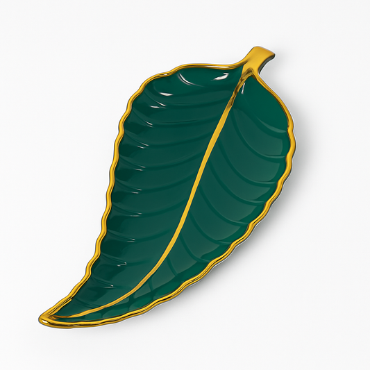1Pc Leaf Platter Single – Green & White | Luxury Ceramic Serving Tray