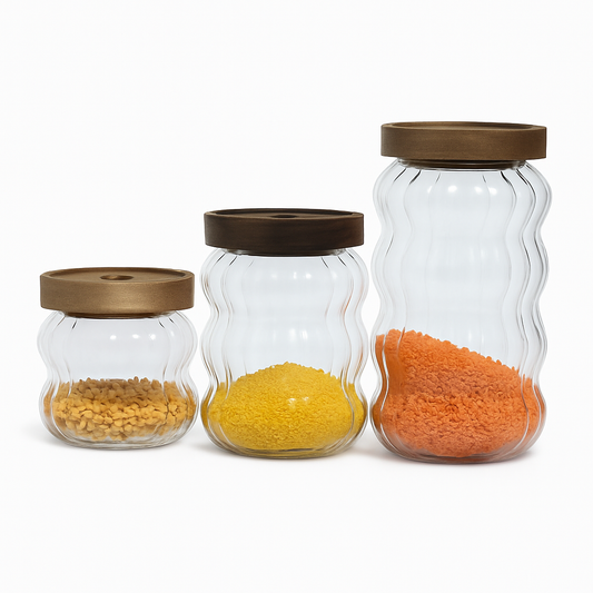 3 Pcs Glass Jar Set with Wooden Lid – Airtight Kitchen Storage Containers (KDJ-02)