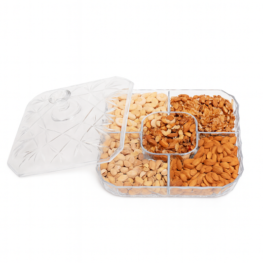 Blink Acrylic Dry Fruit Dish – 5 Compartment Transparent Serving Box with Lid