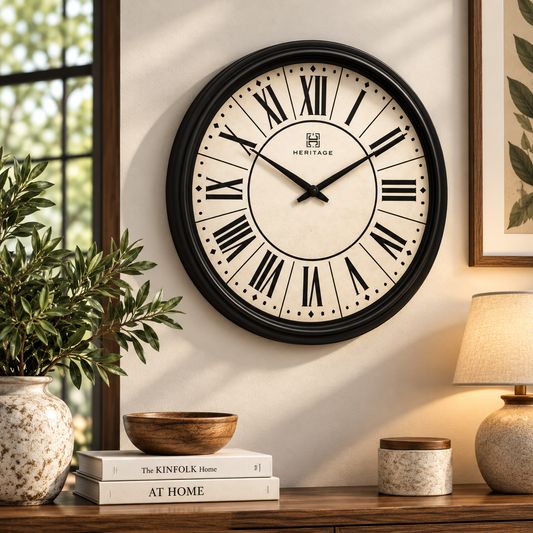 Heritage “Moon Time” Wall Clock 20" – Classic Roman Numeral Wall Clock with Black Plastic Frame