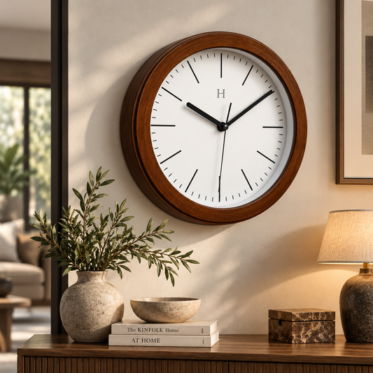 Heritage Squat 2 Wall Clock 9.75 Inch – Wood Finish Frame with Minimal White Dial & Modern Classic Style (Plastic)