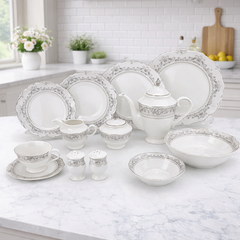 Luxury White & Black Border Dinner Set – 47-Piece Elegant Ceramic Tableware Collection