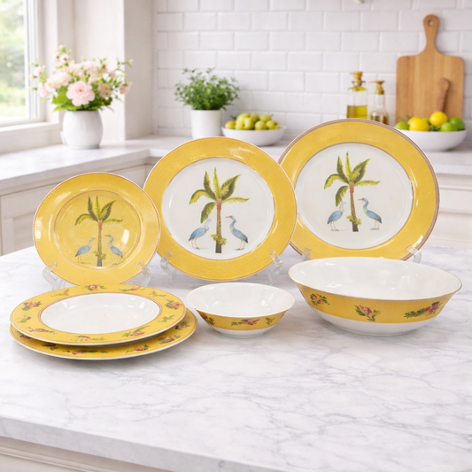 Luxury Tropical Palm & Crane Print Dinner Set – 26-Piece Elegant Tableware Collection