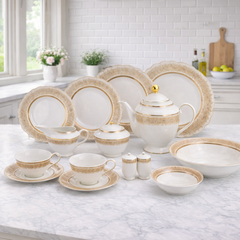 Luxury White & Gold Border Dinner Set – 47-Piece Elegant Ceramic Tableware Collection