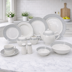 Luxury White & Grey Border Dinner Set – 47-Piece Elegant Ceramic Tableware Collection