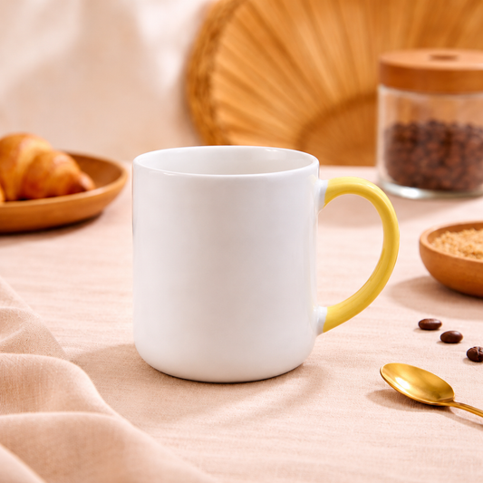 White Ceramic Coffee Mug with Yellow Handle | Minimalist Contrast Tea Cup | Modern Aesthetic Drinkware