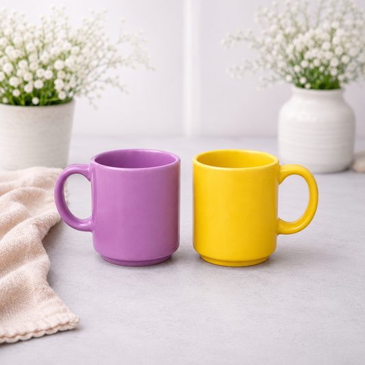 Set of 2 Mini Ceramic Coffee Mugs Yellow & Purple Color Cups | Modern Tea & Coffee Mug Set