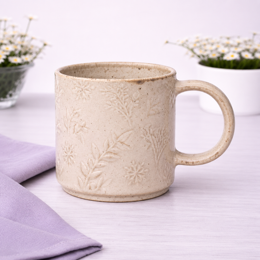 Beige Embossed Ceramic Mug 3.5 x 3.5 Inch – Elegant Stoneware Coffee Mug