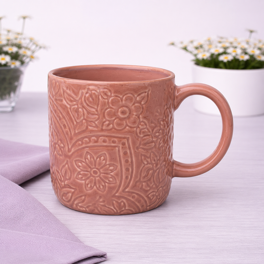 Brown Embossed Ceramic Mug 3 x 4 Inch – Rustic Stoneware Coffee Mug