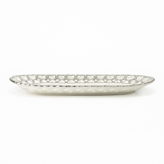 Super Dine Decorative Dish – White Ceramic Serving Tray with Silver Heart Border