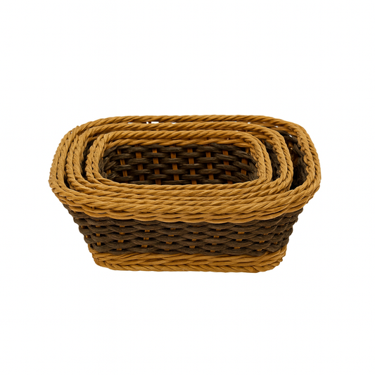 3-Piece Handwoven Rectangular Cane Bread Basket Set – Natural Brown Rattan Serving Baskets for Dining, Kitchen & Restaurant Use