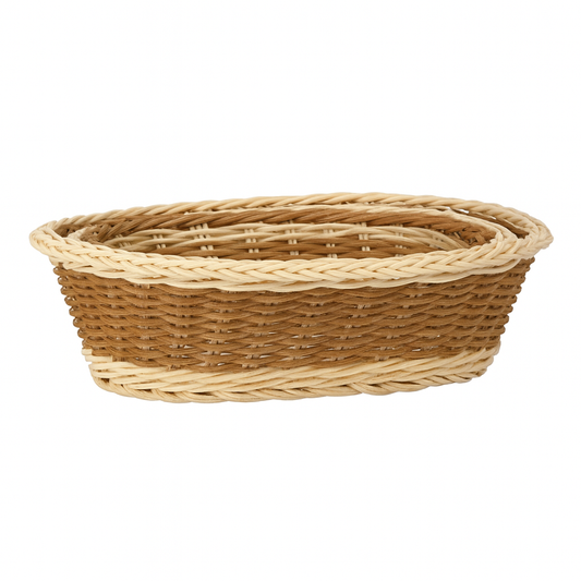 3-Piece Handcrafted Dual-Tone Oval Cane Bread Basket Set – Natural & Brown Rattan Serving Baskets for Dining, Kitchen & Café
