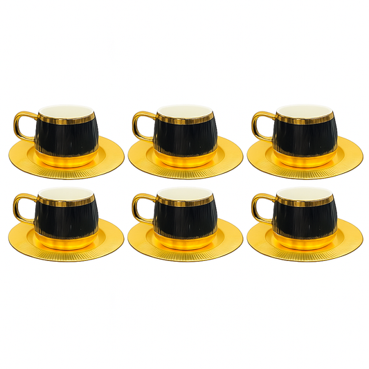 6Pc Cup & Saucer Luxury Half-Metal Ceramic Coffee Cup Set – Black & Gold, White & Gold with Matching Saucers