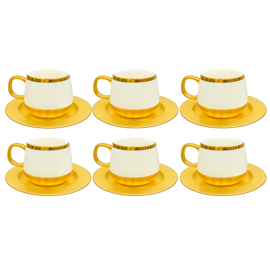 6Pc Cup & Saucer Luxury Half-Metal Ceramic Coffee Cup Set – Black & Gold, White & Gold with Matching Saucers