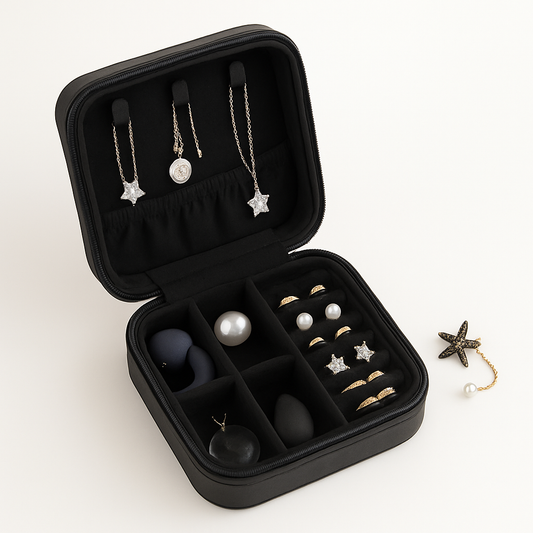 1Pc Elegant Travel Jewelry Box Organizer Black – Compact PU Leather Storage Case for Earrings, Rings & Necklaces