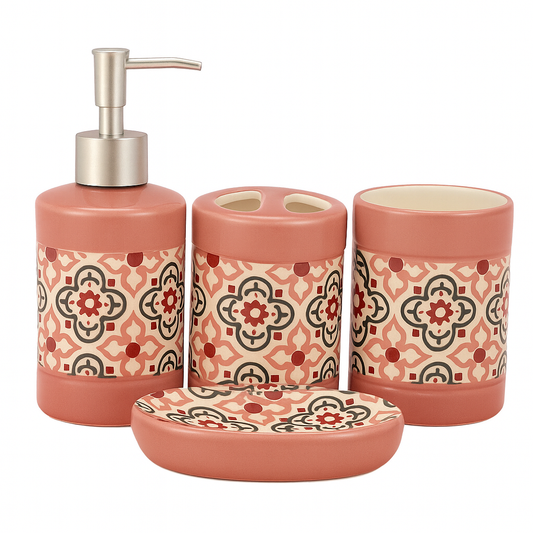 4-Piece Ceramic Bath Set – Floral Mosaic Design in Green & Pink | Elegant Bathroom Accessory Set
