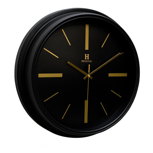 Modern Black & Gold Wall Clock – 14.5-Inch “Bristol” Decorative Clock with Sleek Plastic Frame