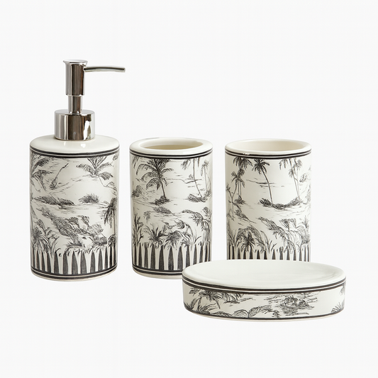 Elegant 4-Piece White Ceramic Bathroom Set with Silver Pump & Golden Accents | Crane Design Soap Dispenser, Toothbrush Holder, Tumbler & Soap Dish