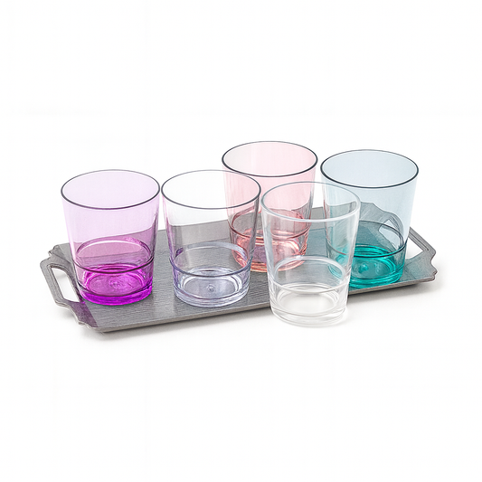 (Pack of 6) Multi-Colored Drinking Glasses – Premium Transparent Tumblers in Purple, Grey, Blue, Pink & Clear Shades