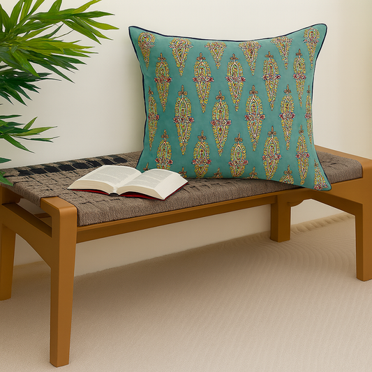 Rang Motif Cushion Cover 20x20 – Teal Cotton Throw Pillow with Embroidered Paisley Pattern