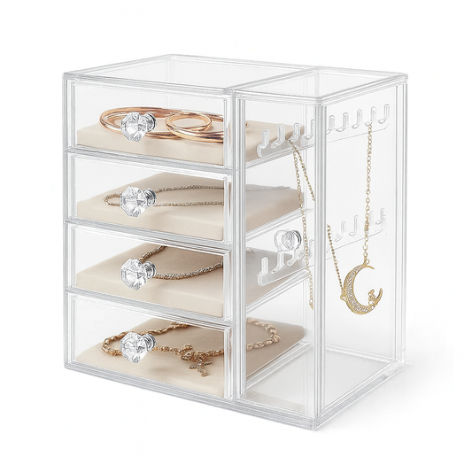 Acrylic Jewelry Box with Drawers & Side Hooks – Transparent Organizer