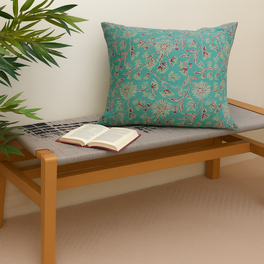 Naqsh Cotton Cushion Cover – 18x18 Inch Floral Teal Decorative Throw Pillow Case