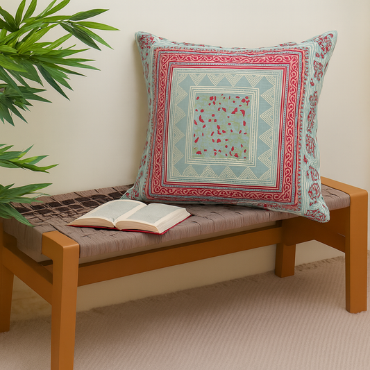 Noor Jaal Cotton Cushion Cover – 18x18 Inch Square Vintage Block Print Throw Pillow