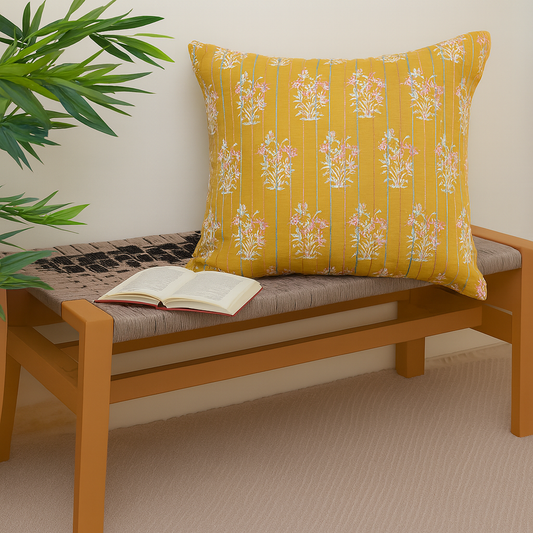 Rang Mahal Cushion Cover 18x18 – Mustard Yellow Cotton Embroidered Floral Throw Pillow
