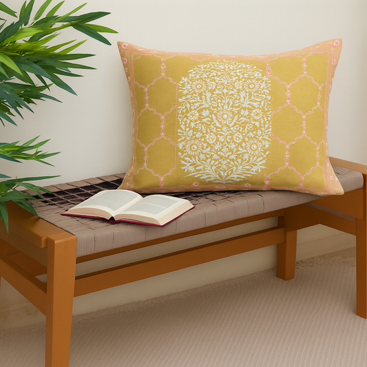 Zareen Cushion Cover 12x18 – Yellow Floral Block Print Cotton Lumbar Pillow