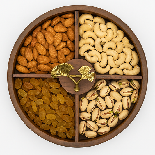 Round Wooden Dry Fruit Box – Glass Lid with Golden Leaf Handle