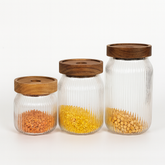3 Pcs Glass Jar Set with Wooden Lid – Ribbed Airtight Kitchen Storage Containers (KDJ-03) - Habitt