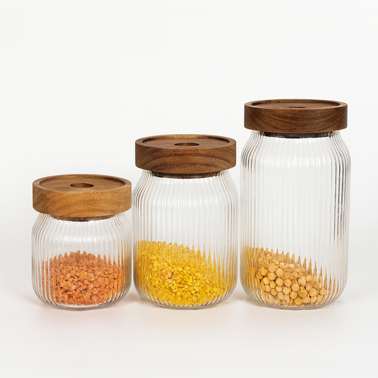 3 Pcs Glass Jar Set with Wooden Lid – Ribbed Airtight Kitchen Storage Containers (KDJ-03)