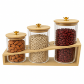 3 Pcs Glass Jar Set with Wooden Stand – Airtight Kitchen Storage Containers - Habitt
