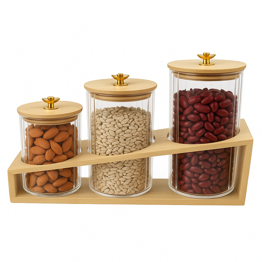 3 Pcs Glass Jar Set with Wooden Stand – Airtight Kitchen Storage Containers